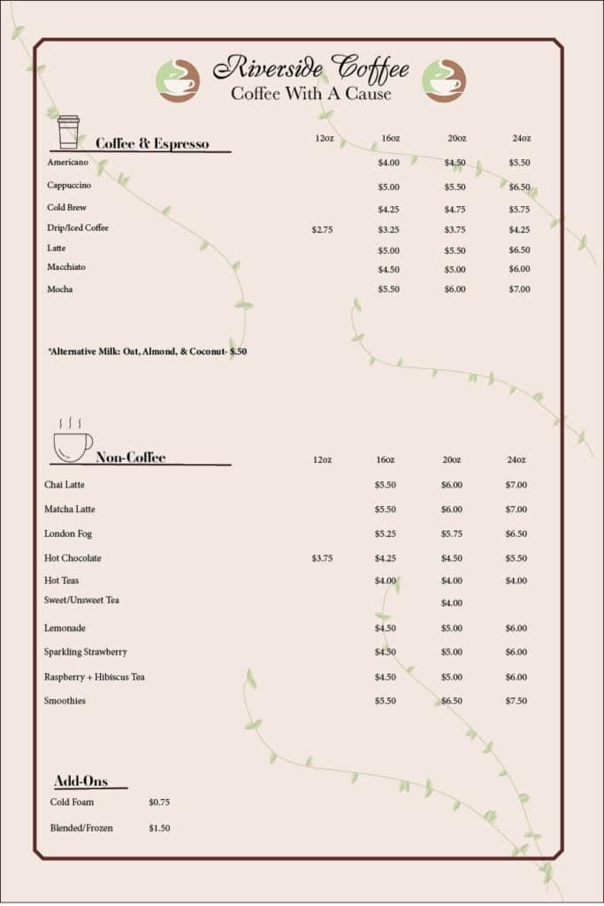 Bright and inviting Riverside Coffee Shop offers a variety of coffee, espresso, and tea options for.