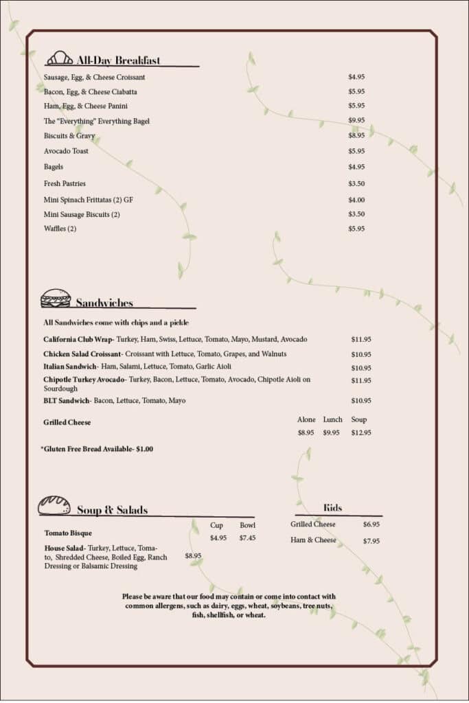 Riverside Coffee Shop breakfast menu featuring fresh pastries, bagels, and hearty breakfast options.